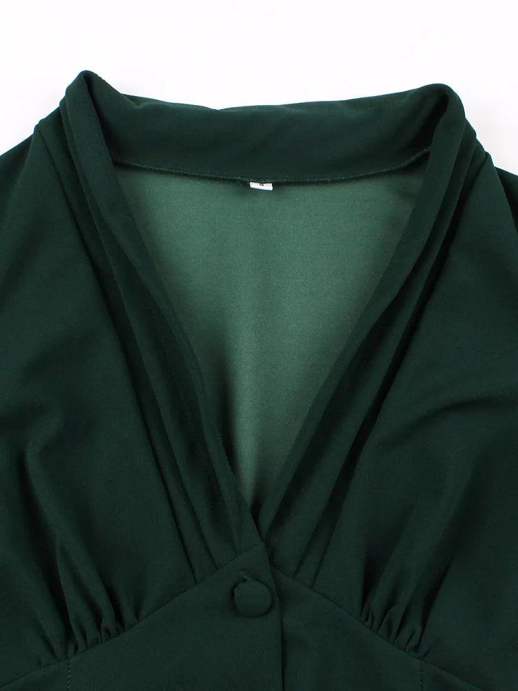Sexy Ruched V-Neck High Waist Single Breasted Evening Party Dresses for Women Green Tie Back Vintage Swing Dress