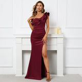 Women Slash Neck Burgundy Evening Dress Ruffles Celebrity Maxi Dress Sexy Slit Long Party Dress