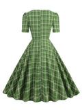 Sweetheart Neck Bow Front High Waist Green Plaid Long Dress Vintage 1950S Women Elegant Evening Formal Swing Dresses