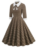 50s Hepburn Retro Vintage Casual Flare Dress with Bow Durn Down Collar Plaid Print Shirt 3/4 Long Sleeve Runway Midi Party Dress
