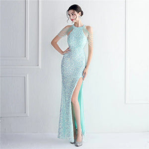 Off Shoulder Long Beading Gold Sequin Dress Sexy Slit Party Women Evening Dress