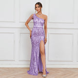 Elegant Slash Neck Sequin Evening Dress Women Beading Long Party Maxi Dress