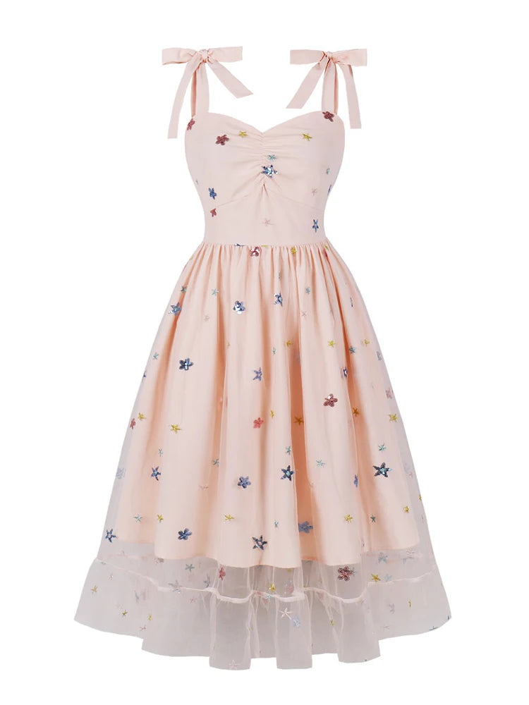 pink sky midi dress Sweetheart Neck Strawberry Mesh Long Dresses for Women Knot Strap High –  jetechband