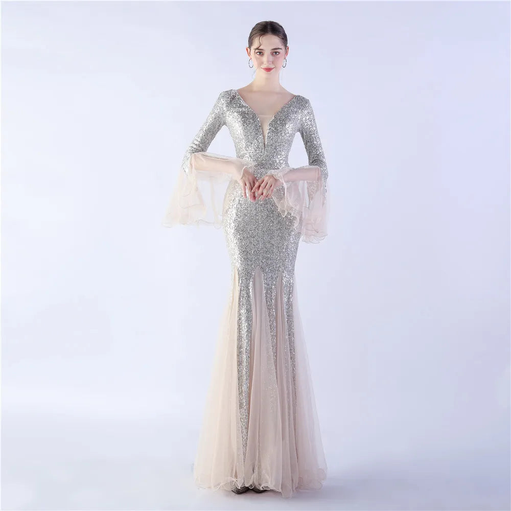 Elegant Long Sleeve Sequin Evening Dress Silver Mesh Party Maxi Dress