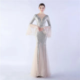 Elegant Long Sleeve Sequin Evening Dress Silver Mesh Party Maxi Dress