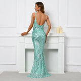 Women Strap Party Maxi Dress Sexy V Neck Evening Light Green Sequin Long Prom Dress