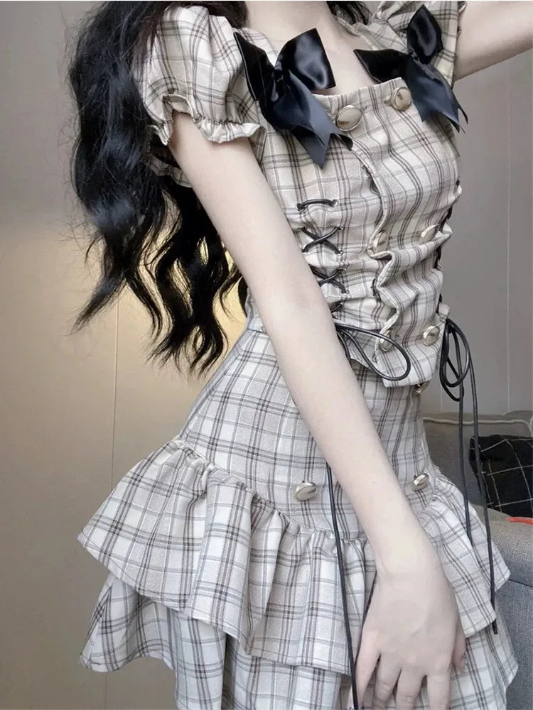 Hot Girl Plaid Suit Set Suspender Crop Top Summer Pleated Mini Skirt Fried Street Skirt Y2k Two Piece Set