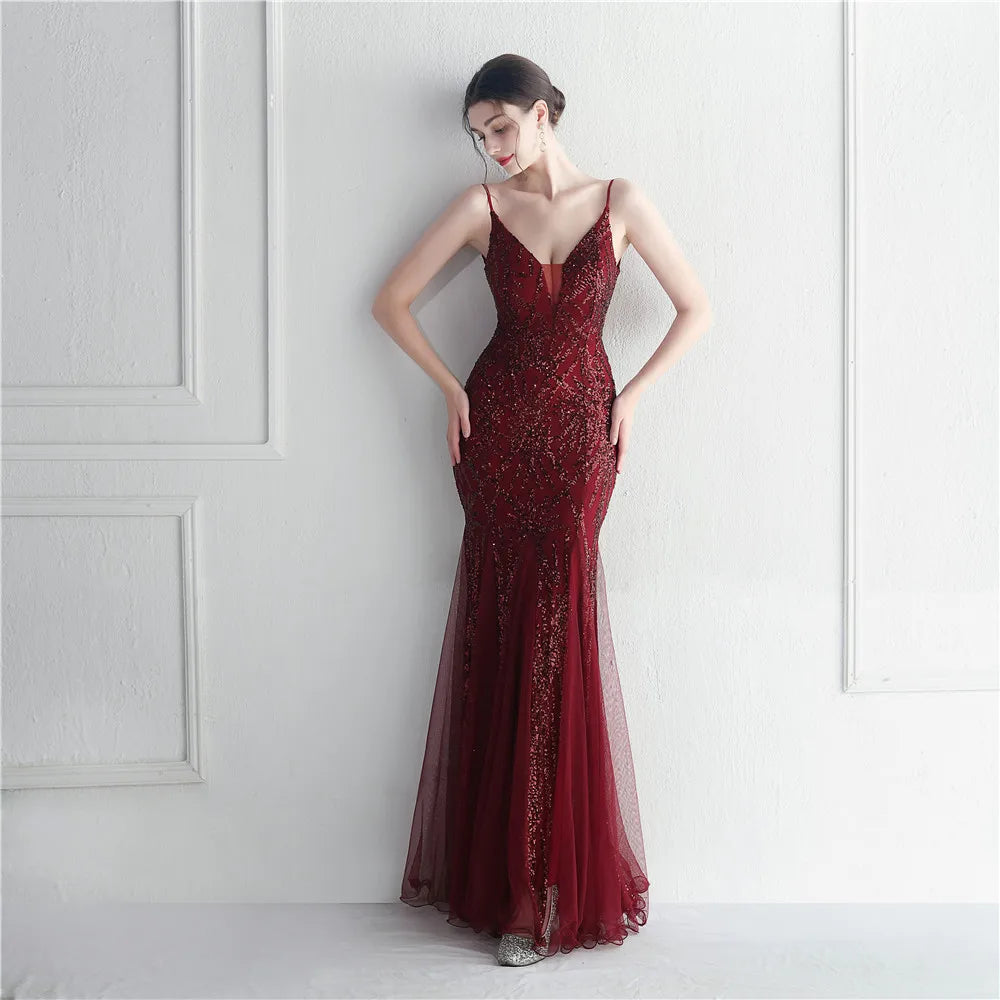 Women Gold Sequin Strap Beading Party Maxi Dress Sexy V Neck Evening Dress Long Prom Dress