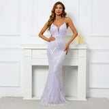 Women Lavender Color Strap Sequin Dress Party Maxi Dress Sexy V Neck Evening Long Prom Dress