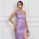 Elegant Slash Neck Sequin Evening Dress Women Beading Long Party Maxi Dress