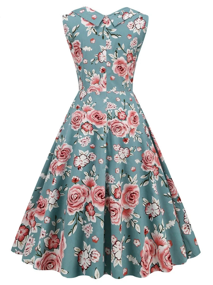 2024 Floral Print Retro Vintage Office Summer Ladies Dress Elegant Sleeveless Big Swing A Line Flare Party Short Evening Dresses