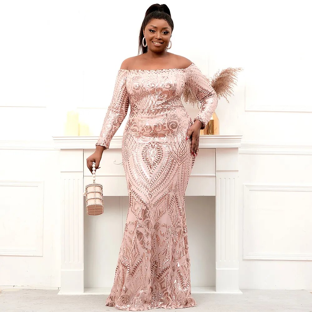 Full Sleeve Stretch Gold Sequin Evening Dress Elegant Off Shoulder Party Maxi Dress Long Prom Dress