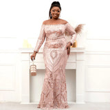 Full Sleeve Stretch Gold Sequin Evening Dress Elegant Off Shoulder Party Maxi Dress Long Prom Dress