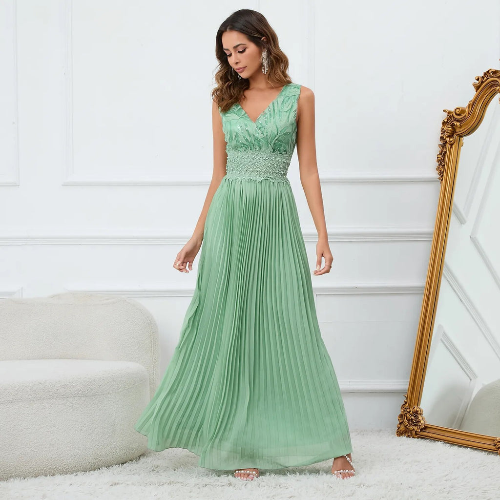 Ruched Lace Chiffon Formal Evening Dress Elegant V Neck Beading Party Gown