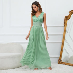 Ruched Lace Chiffon Formal Evening Dress Elegant V Neck Beading Party Gown