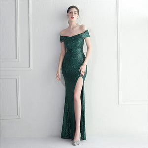 Slash Neck Sexy Slit Long Black Sequin Evening Dresses Luxury Sleeveless Cocktail Party Prom Dress