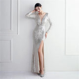 Sexy Slit Party Maxi Dress Silver Sequin Evening Dress Women Long Sleeve Prom Dress