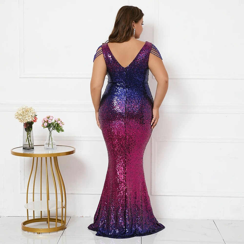 Plus Size Women Blue Red Sequin Beading Evening Dress Elegant V Neck Party Maxi Dress Long Prom Dress