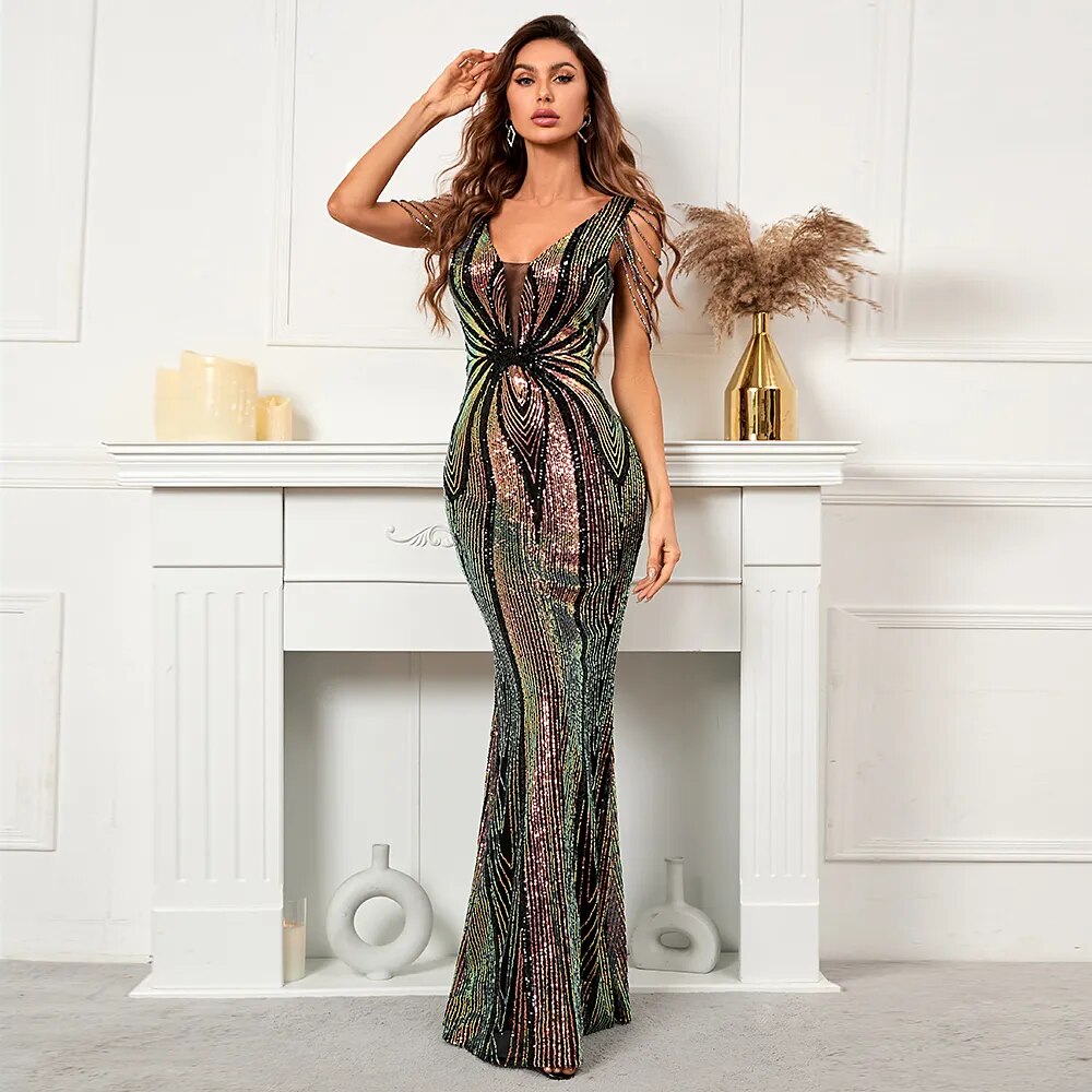 Women Deep V Neck Black Sequin Beading Evening Dress Sexy Party Maxi Dress Long Prom Dress