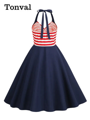 Halter Neck Striped High Waist Vintage Women Evening Party Dresses Slant Pocket Backless Summer Swing Dress