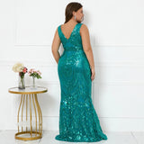 Plus Size Sexy V Neck Stretch Dress Green Sequin Evening Dress Elegant Sleeveless Party Maxi Dress Long Prom Dress