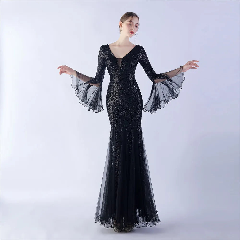 Elegant Black Long Sleeve Sequin Evening Silver Mesh Party Maxi Dress