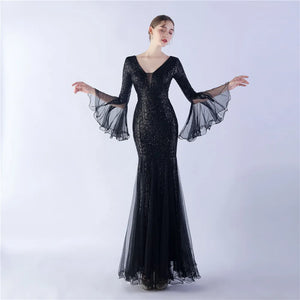 Elegant Black Long Sleeve Sequin Evening Silver Mesh Party Maxi Dress