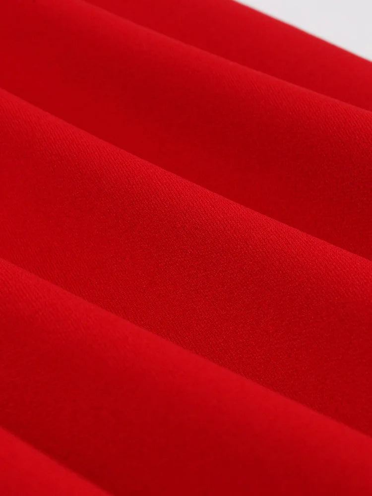Vintage Retro Women Red Solid Dress Party Evening Elegant V-Neck Button Front Short Sleeve Summer Belted Swing Dress