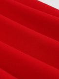 Vintage Retro Women Red Solid Dress Party Evening Elegant V-Neck Button Front Short Sleeve Summer Belted Swing Dress