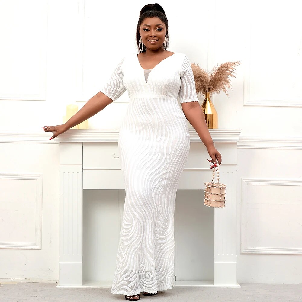 Plus Size White Sequin Dress V Neck Evening Dress Half Sleeve Formal Party Maxi Dress Long Prom Dress