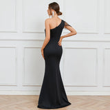 One Shoulder Slash Neck Beading Party Maxi Dress Women Sexy Slit Long Prom Dress Evening Dress