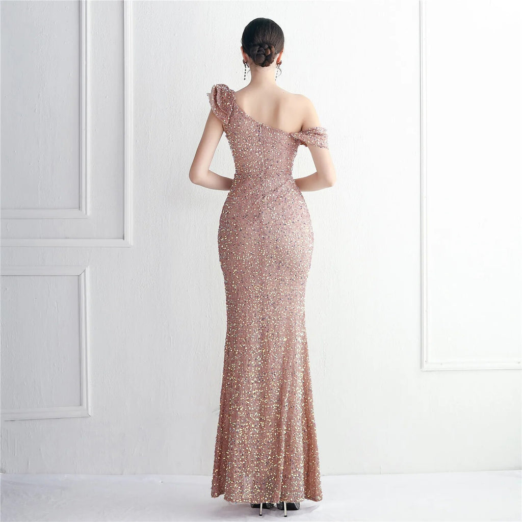 Women One Shoulder Slit Sequin Evening Dress Gray Ruffles Celebrity Maxi Dress Sexy Slash Neck Long Party Dress