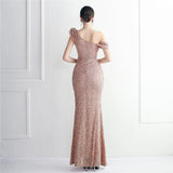 Women One Shoulder Slit Sequin Evening Dress Gray Ruffles Celebrity Maxi Dress Sexy Slash Neck Long Party Dress
