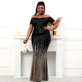 Plus Size Women Elegant Boat Neck Party Maxi Dress Off Shoulder Black Gold Sequin Evening Dress Long Prom Dress