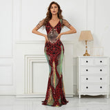 Women Beading Long Evening Dress Sexy V Neck Burgundy Sequin Party Maxi Dress