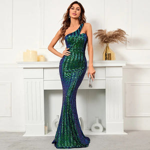 Women New Design Slash Neck Party Maxi Dress One Shoulder Sequin Evening Long Prom Dress
