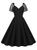 Elegant Green Solid Color Birthday Dress V-Neck Mesh Sleeve Evening Cocktail Party Women Vintage Swing Dresses