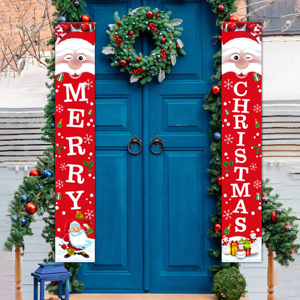 1set Door Banner Merry Christmas Santa Snowman Hanging Banner Supplies New Year Home Xmas Decor