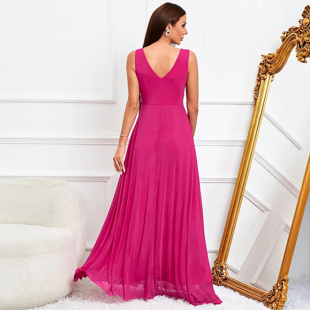 Women Tulle Sleeveless V Neck Beading Evening Elegant Party Maxi Dress