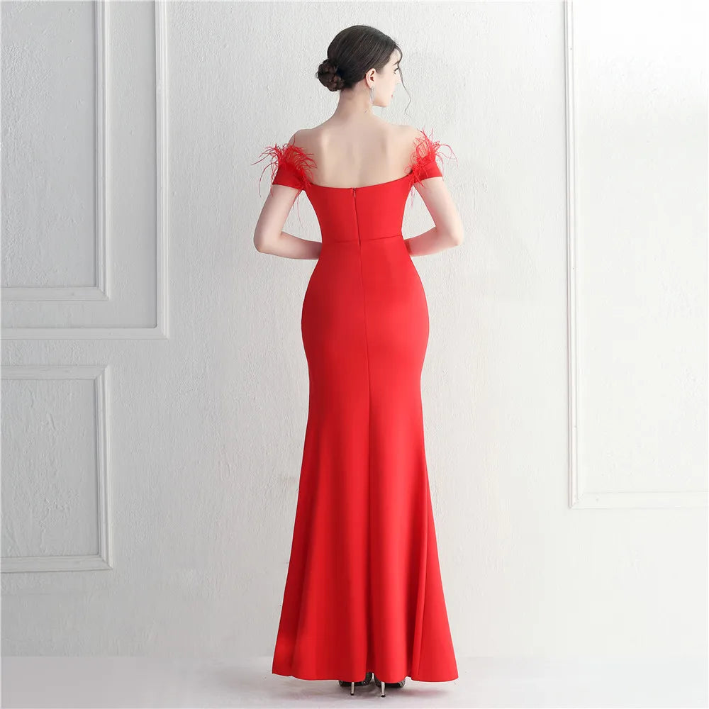 Off Shoulder Feather Party Maxi Dress Women Slash Nech Sexy Slit Long Prom Dress Evening Dress