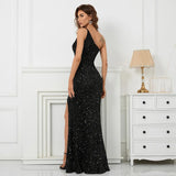 Sexy Slit Black Sequin Evening Dress Women Slash Neck Party Maxi Long Prom Dress