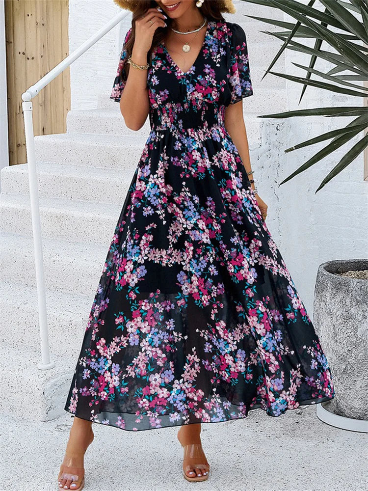 2024 High Waist Chiffon Long Women Floral Summer Dress Short Sleeve V Neck Bohemian Holiday A Line Vestidos