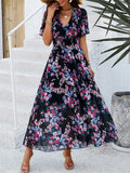 2024 High Waist Chiffon Long Women Floral Summer Dress Short Sleeve V Neck Bohemian Holiday A Line Vestidos