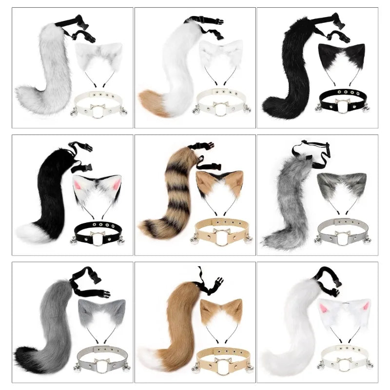 Fluffy Animal Ears Headband Furry Ears Hair Hoop Necklace Tail Set Leather Choker for Halloween Party Fancy Dress