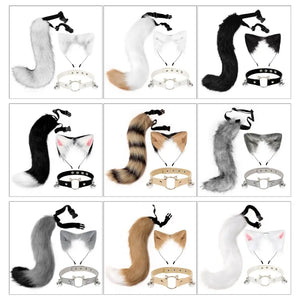 Fluffy Animal Ears Headband Furry Ears Hair Hoop Necklace Tail Set Leather Choker for Halloween Party Fancy Dress