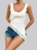 2024 Pink White Mini Cute Camisole Vest Ruffled Edge Backless Short Top U-Neck Irregular Solid Flower Ribbon Sexy Mesh T-Shirt