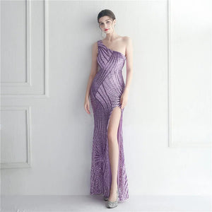 Sexy Slit Green Sequin Women Slash Neck Long Evening Dress Party Maxi Dress