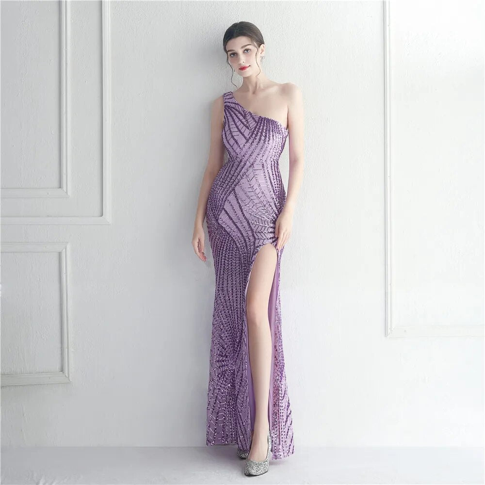 Sexy Slit Green Sequin Women Slash Neck Long Evening Dress Party Maxi Dress