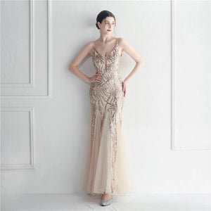 Women Gold Sequin Dress Strap Beading Party Maxi Dress Sexy V Neck Evening Dress Long Prom Dress