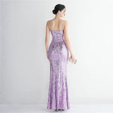 Women Sexy Slit Party Maxi Dress Strap V Neck Evening Dress Purple Sequin Long Prom Dress